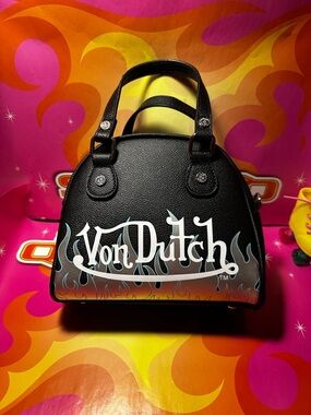 Von Dutch Black Mini Handbag with White Logo and Blue-Grey Flame Accent